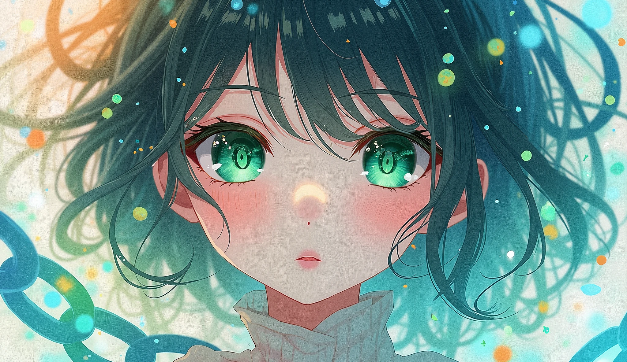 dreamlike anime art of a beautifyl girl with shining green ocean eyes,desktop wallpaper , Apply paint to the chain and nail it to the canvas, Aesthetic colors created by colorful chain shapes, Meaningless illustrations, Exquisite balance and harmony of colors, Cryptic watercolor style, Transparency like glass, Simply beautiful... A world that leaves viewers speechless 4k ultra high resolution wallpaper