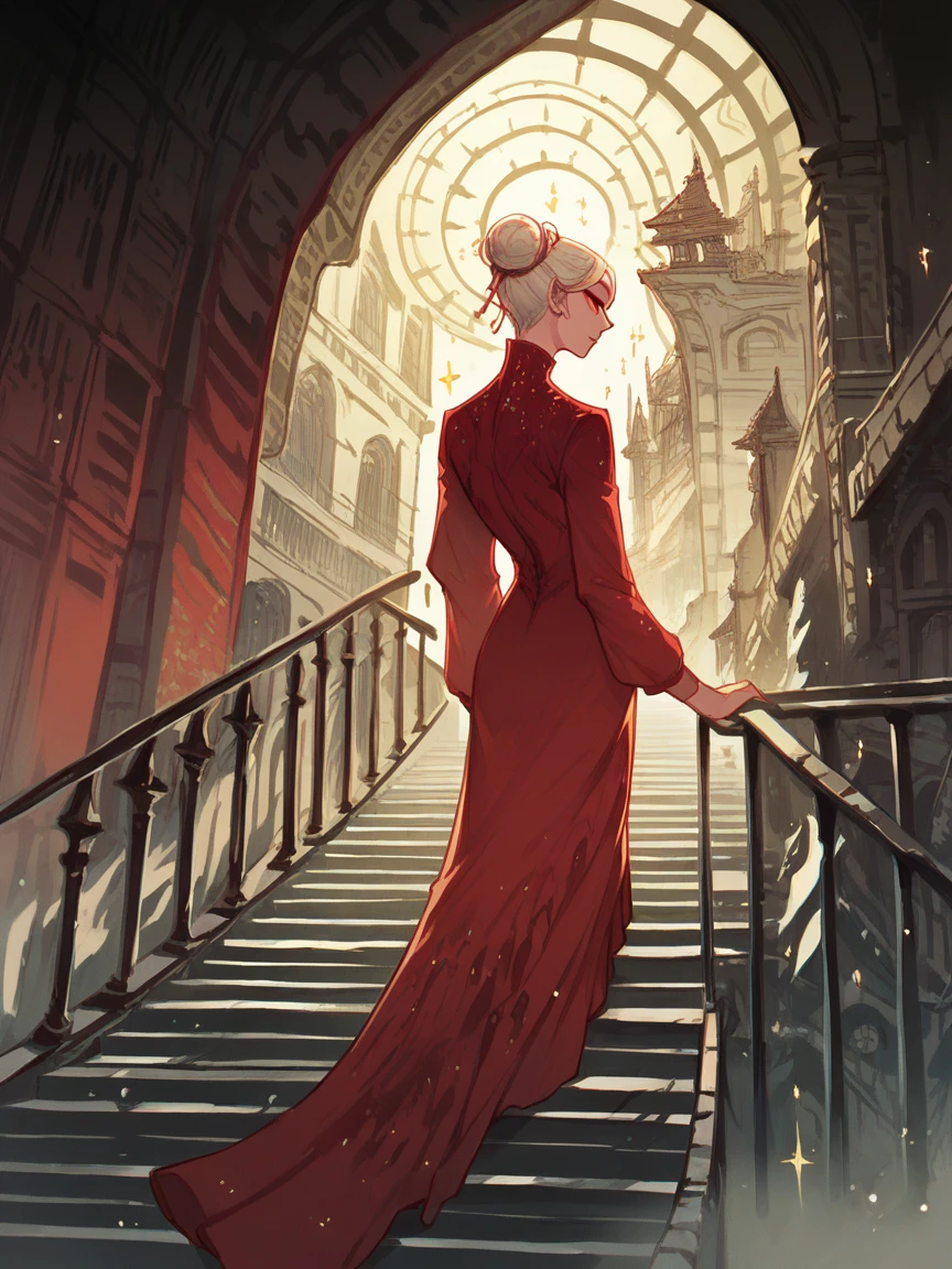 score_9, score_8_up, score_7_up, score_6_up, score_5_up, kuri, surreal, red eyes, skirt, single hair bun, dress, stairs, architecture, sparkle, 1girl,