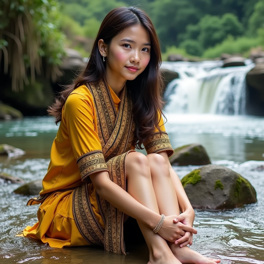 A 20 year old Dayak woman from West Kalimantan, wearing traditional Dayak clothes, original from woven material, golden yellow, original typical of the Dayak tribe of West Kalimantan, sitting on the edge of the river looking at the waterfall, behind, clear river water, very detailed 8k