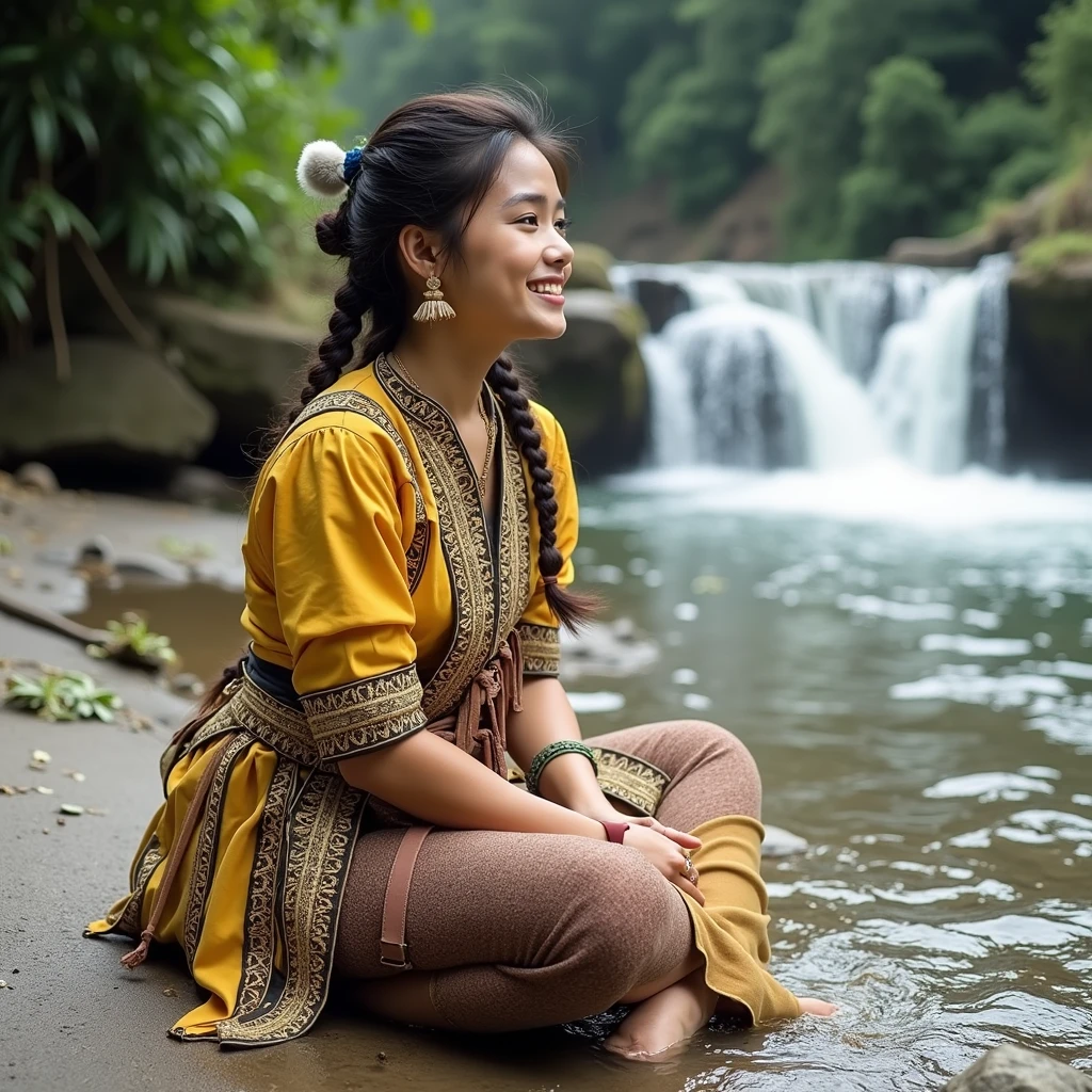 A 20 year old Dayak woman from West Kalimantan, wearing traditional Dayak clothes, original from woven material, golden yellow, original typical of the Dayak tribe of West Kalimantan, sitting on the edge of the river looking at the waterfall, behind, clear river water, very detailed 8k