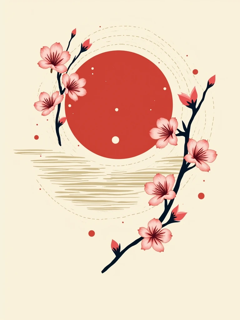 A minimalist Japanese-style design for a t-shirt, featuring a traditional red sun (hinomaru) with delicate cherry blossoms (sakura) cascading from one side. The sun is centered, and the cherry blossoms are stylized with a modern touch, blending with subtle wave patterns inspired by Japanese woodblock prints. The overall design should be clean and focused, with a harmonious balance of the elements. No background, only the design elements should be visible, perfect for printing on a t-shirt.