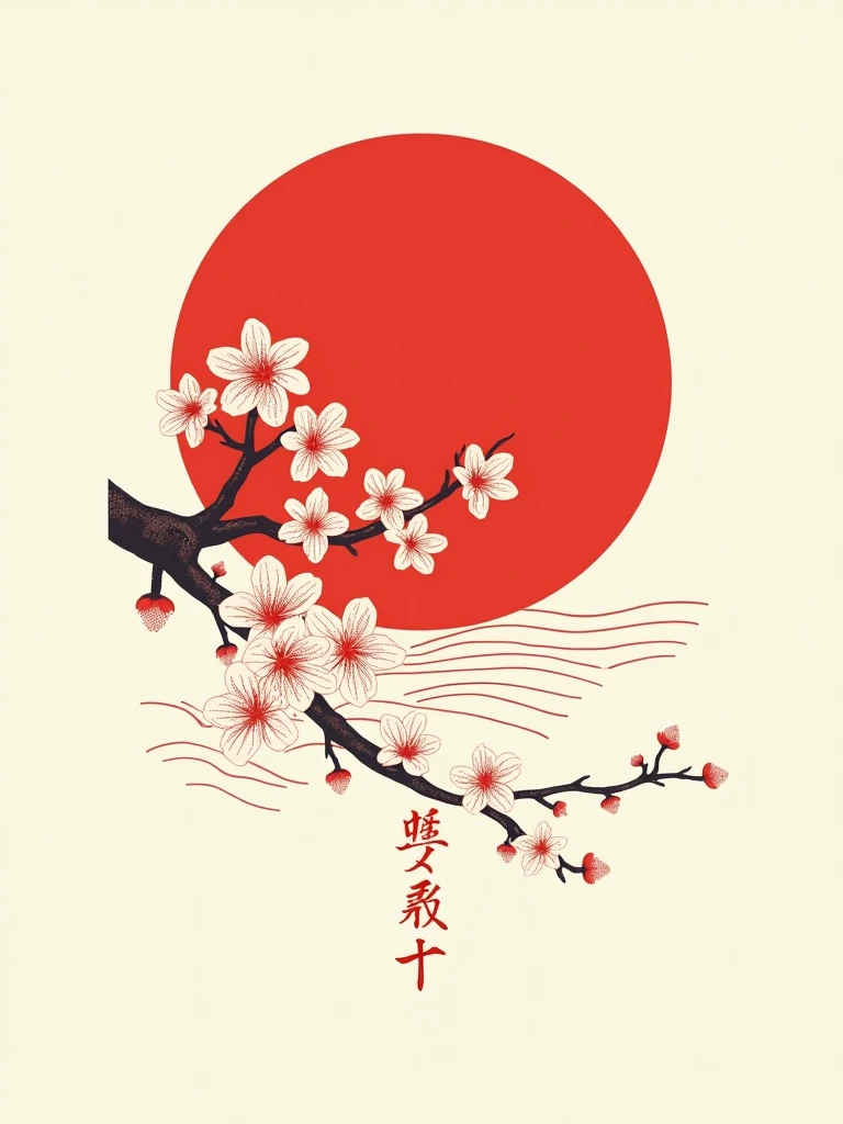 A minimalist Japanese-style design for a t-shirt, featuring a traditional red sun (hinomaru) with delicate cherry blossoms (sakura) cascading from one side. The sun is centered, and the cherry blossoms are stylized with a modern touch, blending with subtle wave patterns inspired by Japanese woodblock prints. The overall design should be clean and focused, with a harmonious balance of the elements. No background, only the design elements should be visible, perfect for printing on a t-shirt.