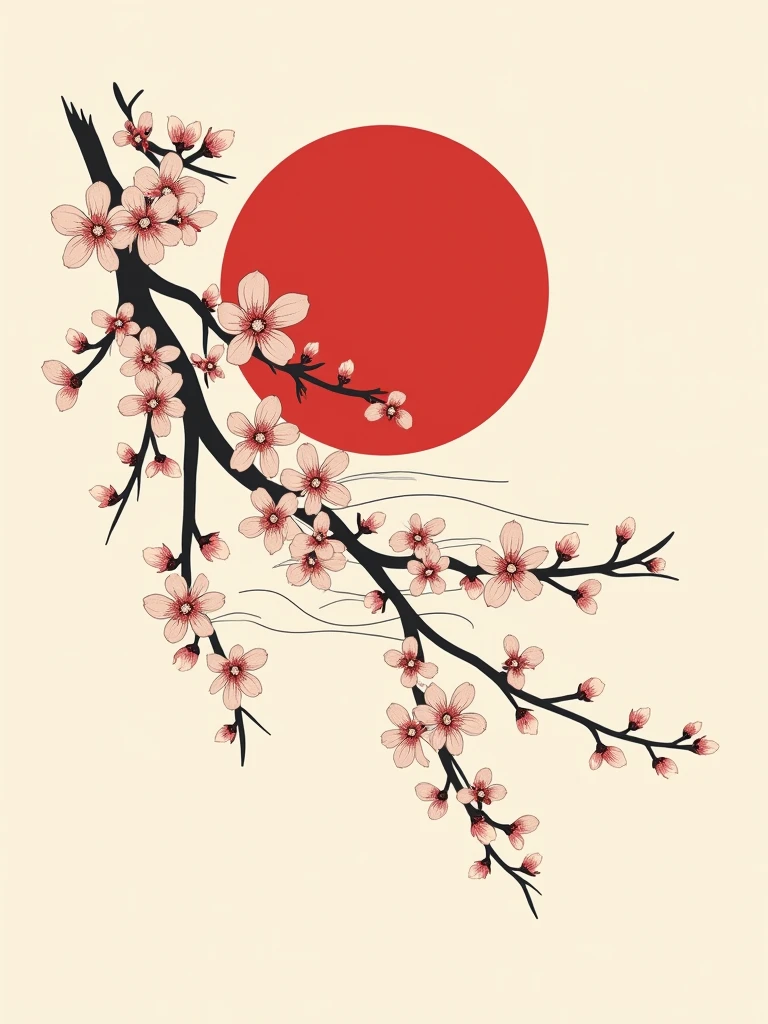 A minimalist Japanese-style design for a t-shirt, featuring a traditional red sun (hinomaru) with delicate cherry blossoms (sakura) cascading from one side. The sun is centered, and the cherry blossoms are stylized with a modern touch, blending with subtle wave patterns inspired by Japanese woodblock prints. The overall design should be clean and focused, with a harmonious balance of the elements. No background, only the design elements should be visible, perfect for printing on a t-shirt.