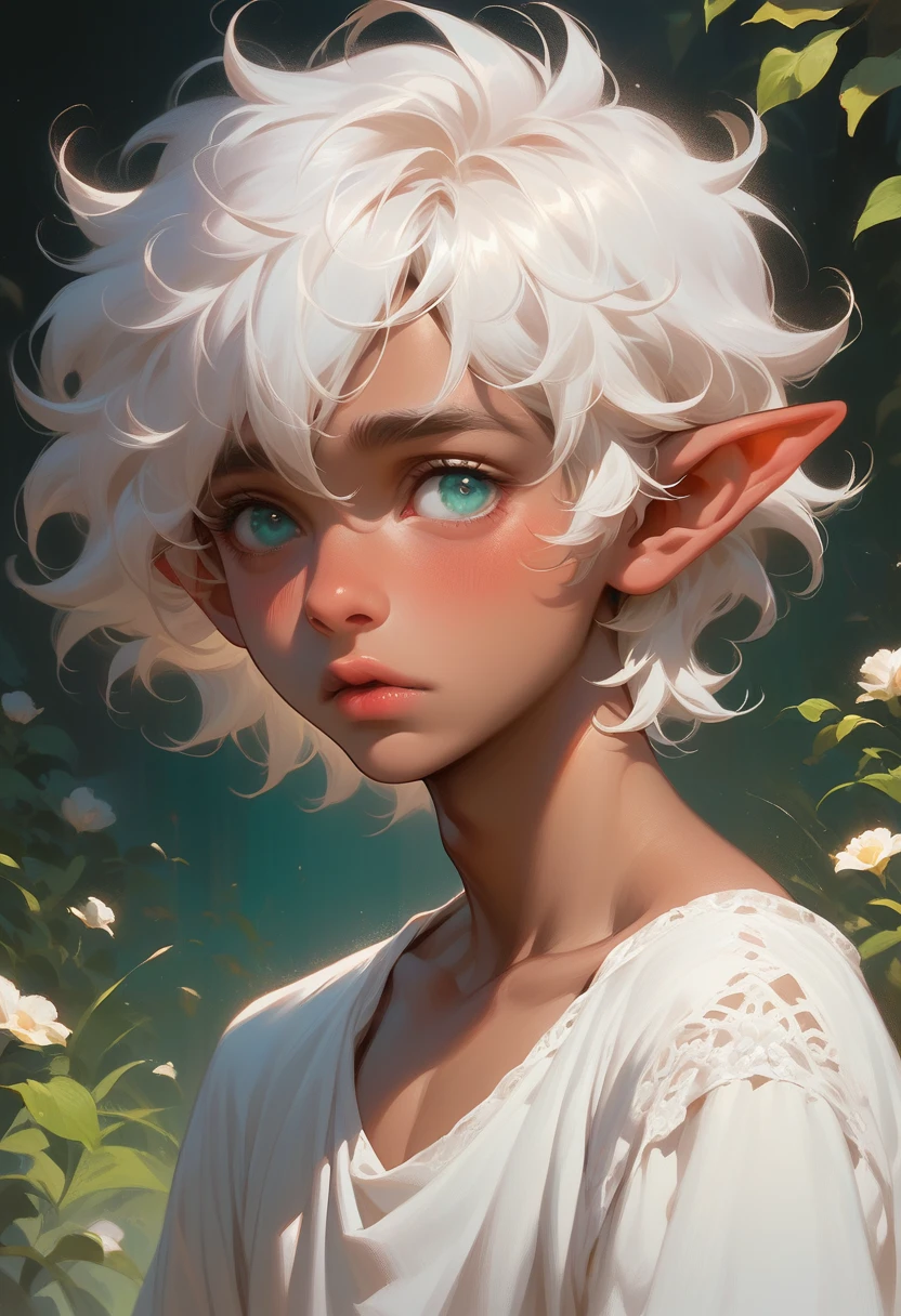 pretty boy, shy, straight hair, lightly tanned, shoulder-length hair, white hair, light aqua eyes, fantasy clothing, elf ears, plump lips, fantasy background, portrait