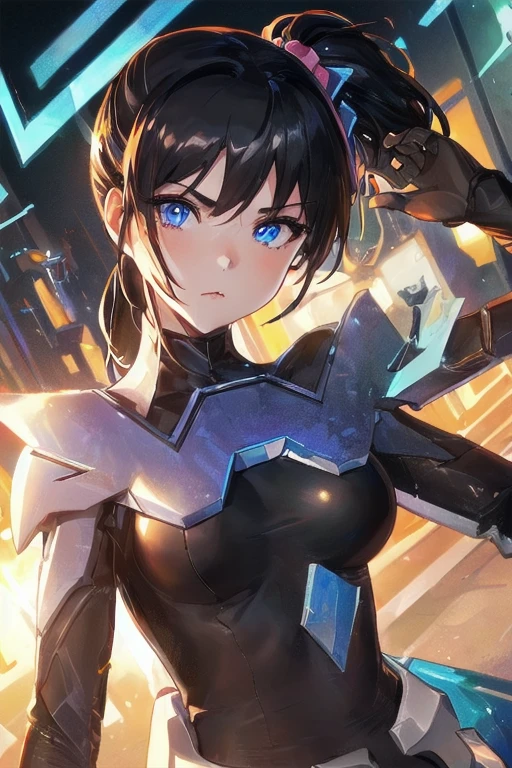 (masterpiece, best quality, great, highly detailed CG unity 8k wallpaper, depth of field, super fine illustration:1.6),(((wingman))),BREAK (1 girl, solo, masterpiece, kawaii,cyberpunk, midnight city, highlight in eyes:1.22), ((black hair, blue eyes, glowing eyes, medium breasts, short ponytail:1.18)), BREAK (chiaroscuro, serious, total body, holding energy sword:1.11), ninja, street, closed mouth