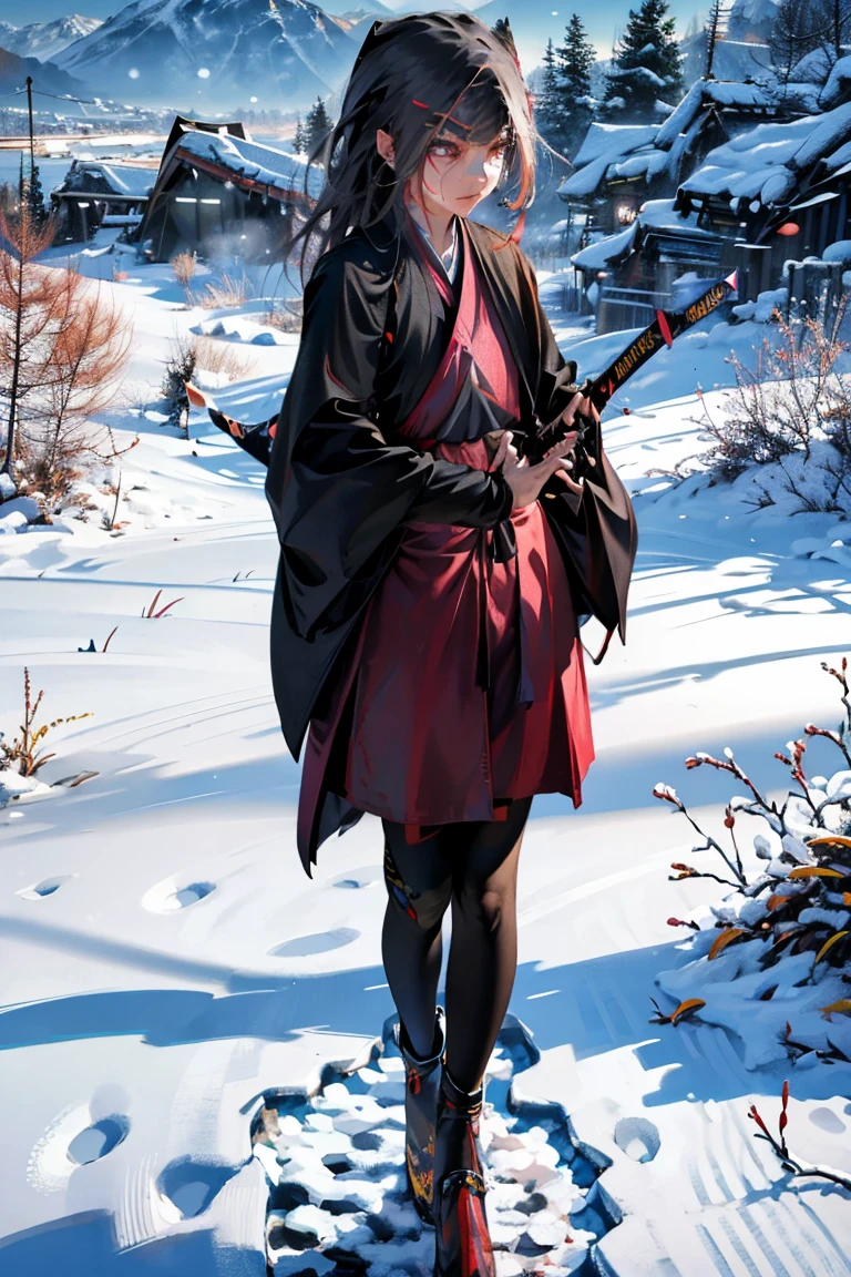 uhd, textured skin, good quality, High details, masterpiece, best quality, high detail face, (Amazingly absurd:1.2), (masterpiece:1.2), fluffy, 1 Girl, Dragon ears, Dress with ruffles, glowing eyes, shining hair , Whole body love, very long hair, hair ribbon, black kneesocks, full body, Kawaiitech, soft colours, Kawaii, Beautiful colors, (Snow:1.5), (Wet:1), (Night:2), (Landscape:2), battojutsus, (holding Katana:2.5),