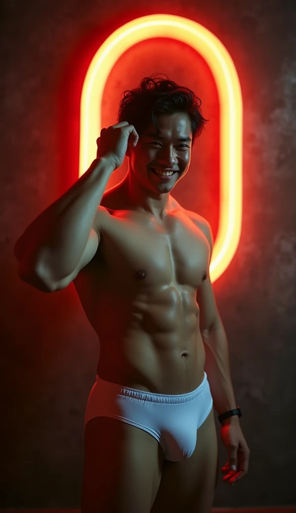 best quality, masterpiece, hyper realistic, extremely detailed, "0" text in orange neon lights in the background, huge bulge in white low rise speedos, extremely handsome asian man, runs one hand through his hair, grinning, stocky build, half body, fill frame, dark cinematic lighting, extremely dramatic shadows, no background, perfect face, perfection, no signature, no logo