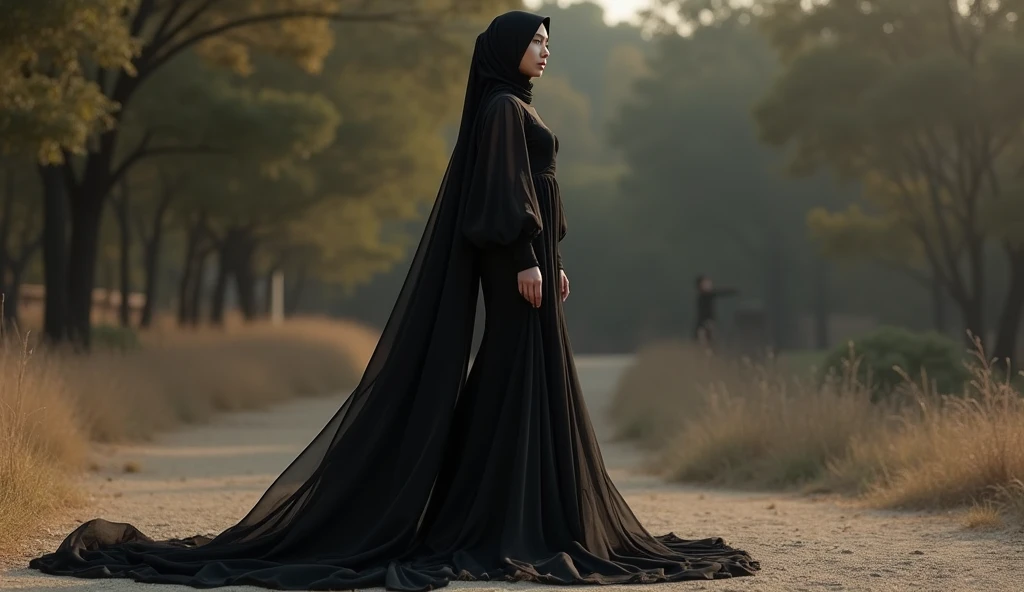 Asian woman wrapped in a transparent black cloth mimicking a mermaid gown with a striking long train, puff sleeve, the cloth clings tightly to her figure, incorporates a hijab, standing with poise, see through whole body, half naked, nipple on, dramatic lighting, volumetric textures, very long cloth, outdoor, ultra realistic, golden ratio.