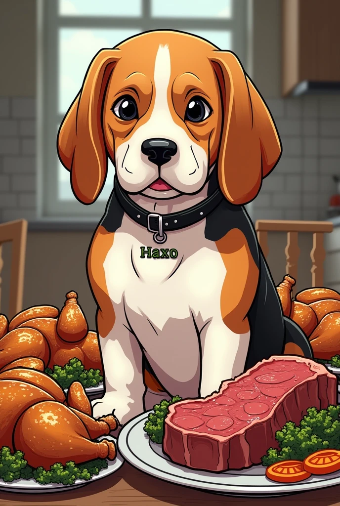 Un vieux gros beagle qui est entouré de nourriture (poulets cuits, steaks, etc) . Avec un collier écrit haxo. En version manga. 