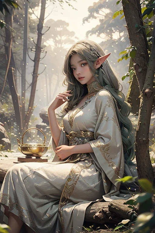 a girl, an elf, emerald hair with white strands, golden eyes, a sparkling silver dress made of petals, barefoot, sitting among the trees, with her arm raised, on which a golden bird is sitting, dragonflies