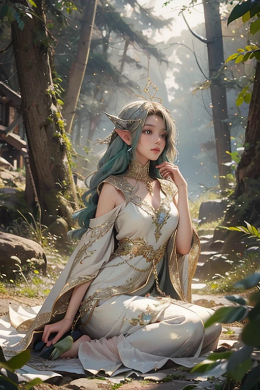 a girl, an elf, emerald hair with white strands, golden eyes, a sparkling silver dress made of petals, barefoot, sitting among the trees, with her arm raised, on which a golden bird is sitting, dragonflies