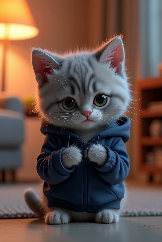 「Drawn in Pixar-style 3D rendering、A kitten who looks tired。Her big eyes are moist、A sad expression with the corners of the mouth turned down。A fluffy grey kitten、He is wearing a navy blue hoodie with a stylish and modern design.。Cat&#39;s front legs（Equivalent to a human hand）to the chest、Expresses sadness and heartache。The background is bathed in a warm, soft light.、Stylish room。The overall atmosphere is emotional and relatable.、At the same time, it remains cute.。Cat eyes show intelligence、It is implied that this is an AI-generated life form.。」