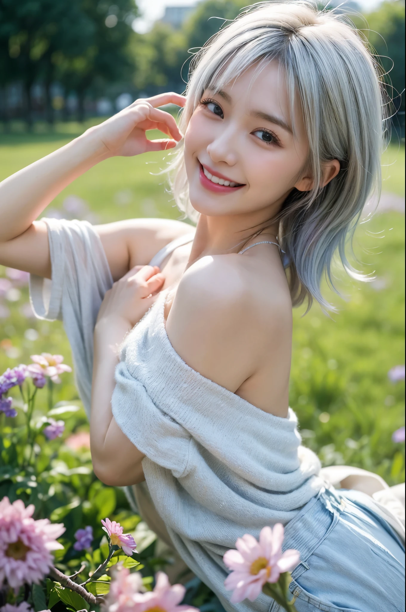 With many bouquets、masterpiece, Highest quality, Very detailed, 8k, Realistic, One Girl, alone, Tomboy, Very detailed face, (head shot:1.5), Standing in a field of colorful flowers, Pixie cut white hair, Wearing an oversized tank top, Wearing an off-the-shoulder hoodie,I can see your chest,Nice ass, close your eyes、Open your mouth wide、smile, big Laugh