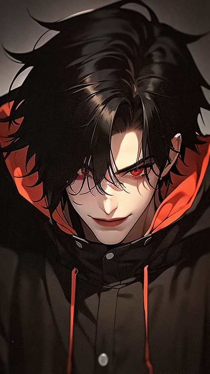 alone,good looking, 
1. male,
bangs,Straight long hair,Bob Hair,
Black Hair, 
Blade (honkai),noble,
Red eyes,
beautiful,Sexy,darkness,
Black hoodie ,evil smile,King,Slender,
Black Background ,High resolution, sit,Darkness,Black light,iconSolo, Close-up