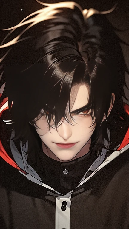 alone,good looking, 
1. male,
bangs,Straight long hair,Bob Hair,
Black Hair, 
Blade (honkai),noble,
Red eyes,
beautiful,Sexy,darkness,
Black hoodie ,evil smile,King,Slender,
Black Background ,High resolution, sit,Darkness,Black light,iconSolo, Close-up