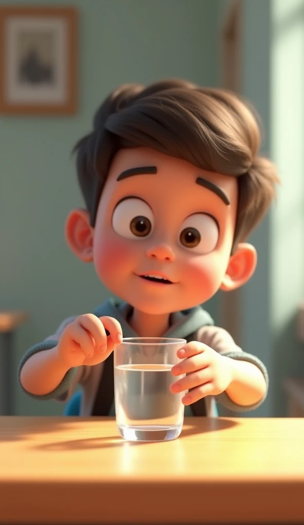 3D animation style image of the student finally placing the glass of water down on a desk or bench. The student's face shows a sense of relief, and the glass is now resting securely. The setting is simple, with soft lighting to convey a feeling of calm and resolution