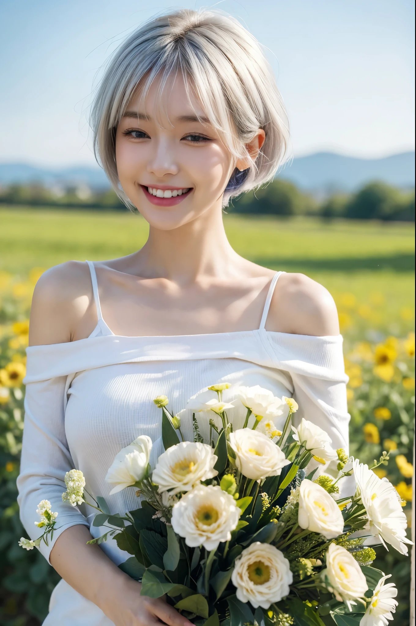 With many bouquets、masterpiece, Highest quality, Very detailed, 8k, Realistic, One Girl, alone, Tomboy, Very detailed face, (head shot:1.5), Standing in a field of colorful flowers, Pixie cut white hair, Wearing an oversized tank top, Wearing an off-the-shoulder hoodie,I can see your chest,Nice ass, close your eyes、Open your mouth wide、smile, big Laugh