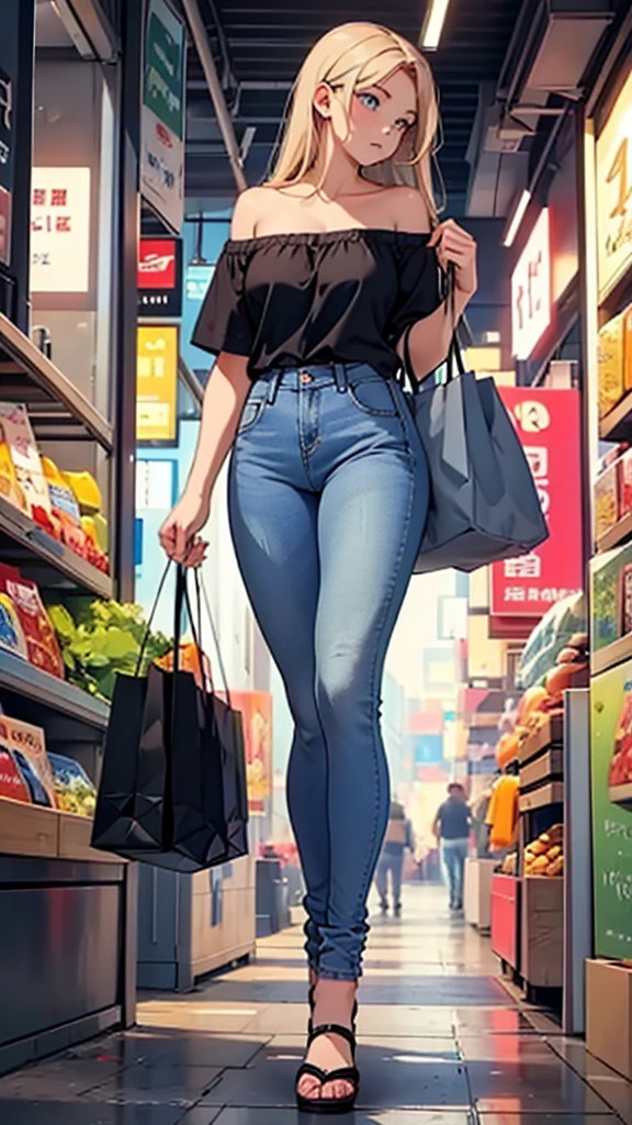 (masterpiece), best quality, expressive eyes, perfect face, Full body of A girl in a off shoulder shirt, jeans, shoping bag, eye level angle, Perfect body