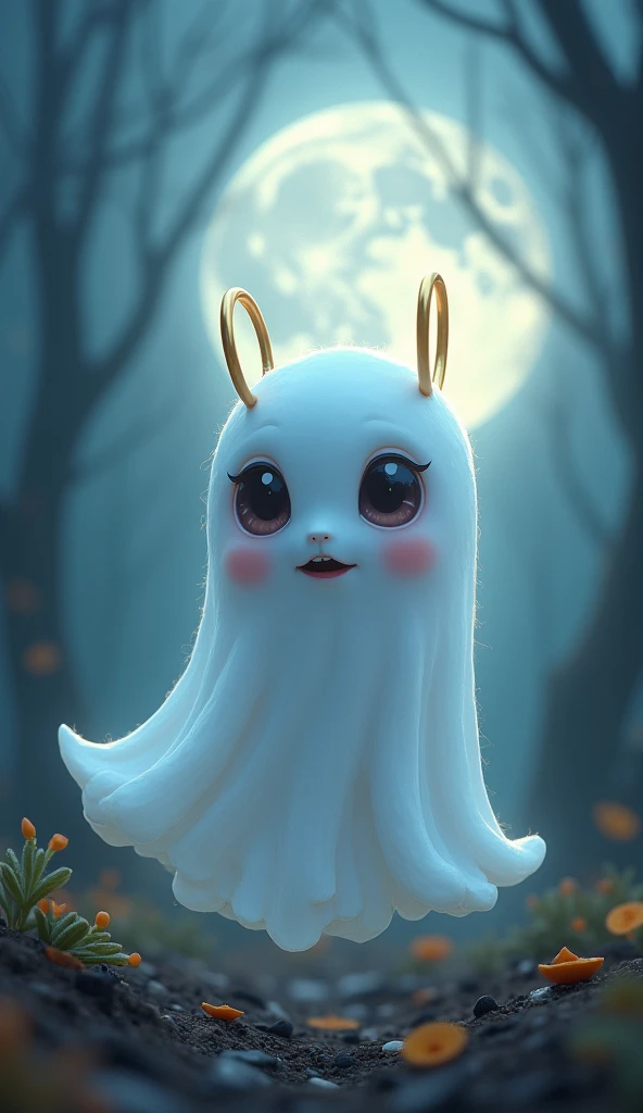 a cute ghost, detailed facial features, golden hoops, spooky forest, full moon, soft lighting, fantasy, ethereal, pastel colors, whimsical, (best quality,4k,8k,highres,masterpiece:1.2),ultra-detailed,(realistic,photorealistic,photo-realistic:1.37)