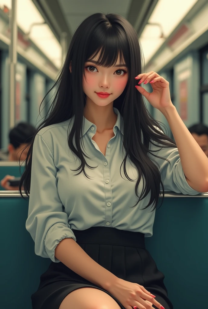 The most realistic image of a slightly plump Japanese woman with long black hair and bangs, wearing an office uniform with a white shirt, a short black skirt, and white sneakers, brushing her hair back, smiling shyly, and leaning her face towards the camera on the subway.
