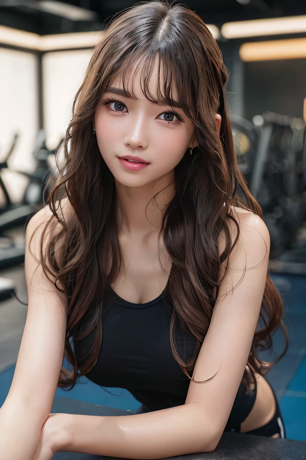 beautiful woman, laughing, (highest quality, 8k, Award-winning work, ultra high resolution), gym, ( tight training wear), full body, beautiful detailed eyes, beautiful detailed lips, extremely detailed face, (best quality , masterpiece, ultra high res), (photo realistic:1.3), Beautiful Women with Perfect Figure:1.3, Slender Abs:1.2, huge breasts, (((Long Wavy Hair)), Highly Detailed Face and Skin Texture, wet, Training in a fitness gym, all fours