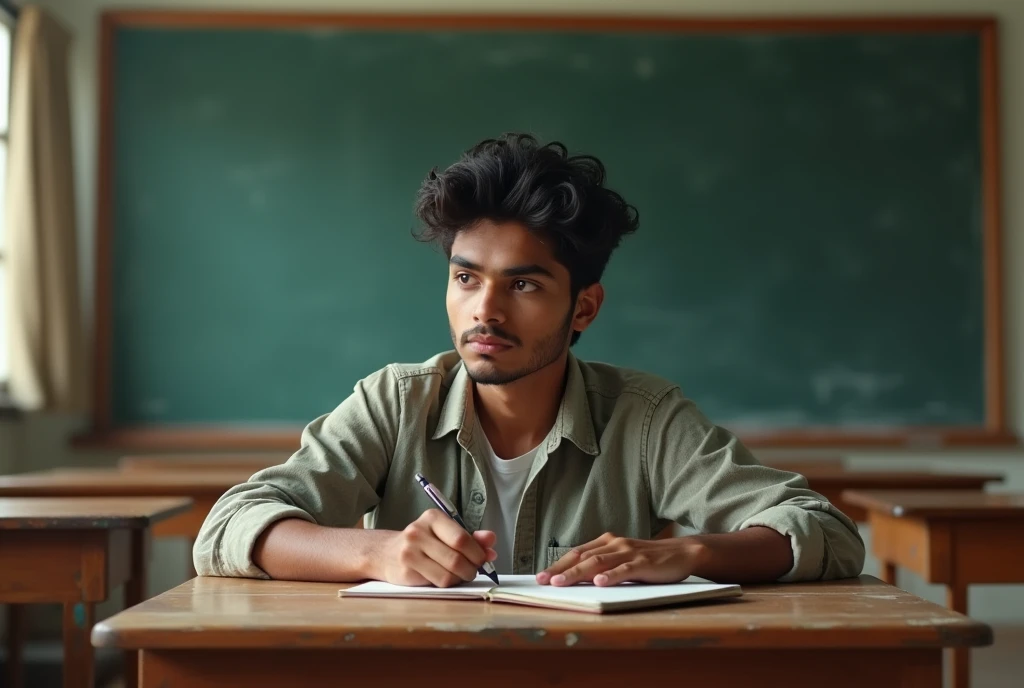 A realistic image of a 20-year-old Indian male student sitting on a school desk. And writing something, looking straight ahead with a thoughtful expression. The setting is a typical classroom with a wooden desk and a chalkboard in the background."
