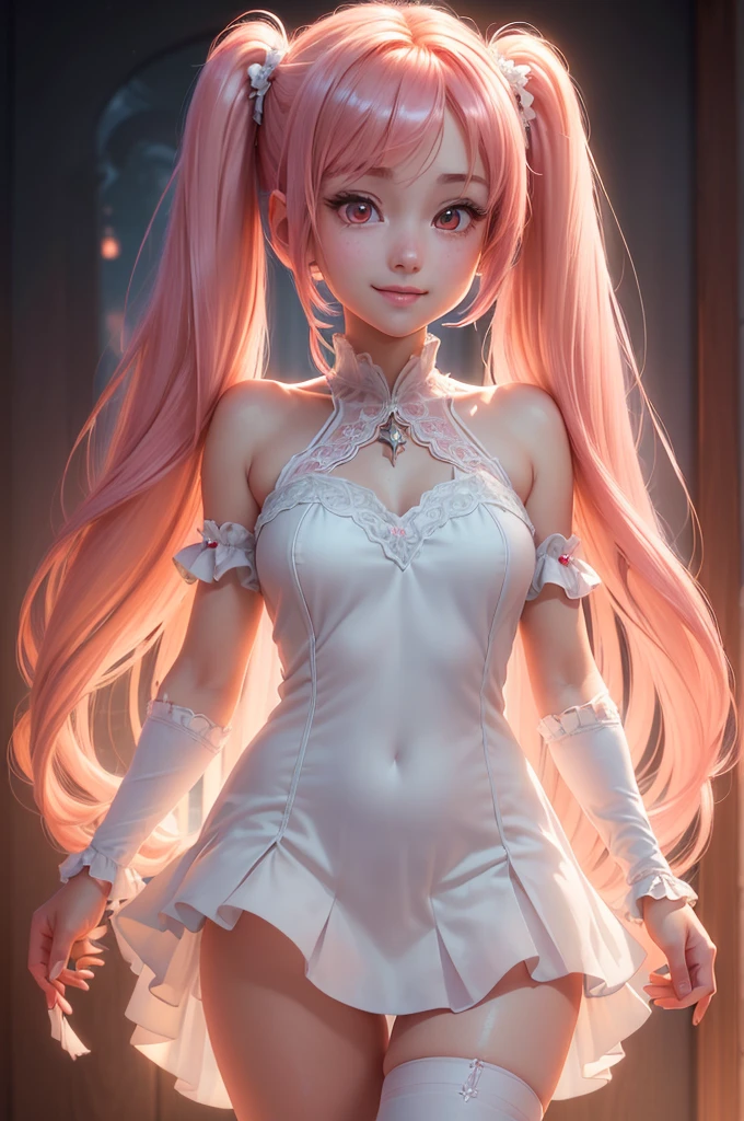 ((best quality, ultra-detailed, high resolution, extremely detailed CG, super detailed, direct light, Most beautiful clean lighting)), 1 girl, beautiful girl, cute girl and idol face, young face, smile, Beautiful long pink hair, twintails, Beautiful shining red eyes, white skin, slender, Short body, divine garment, fantastic landscape, ultimate beauty