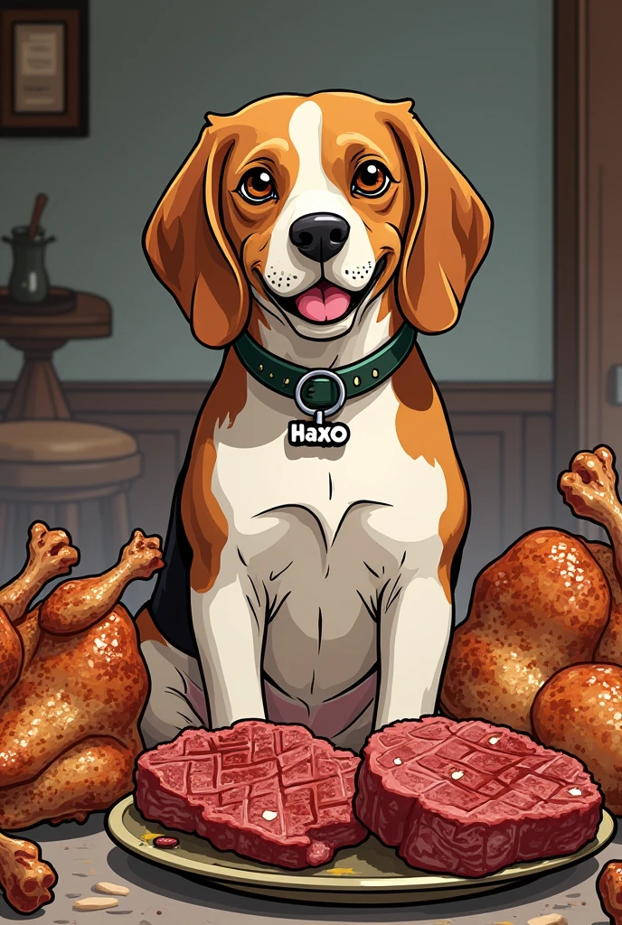 Un vieux gros beagle qui est entouré de nourriture (poulets cuits, steaks, etc) . Avec un collier écrit haxo. En version manga.
