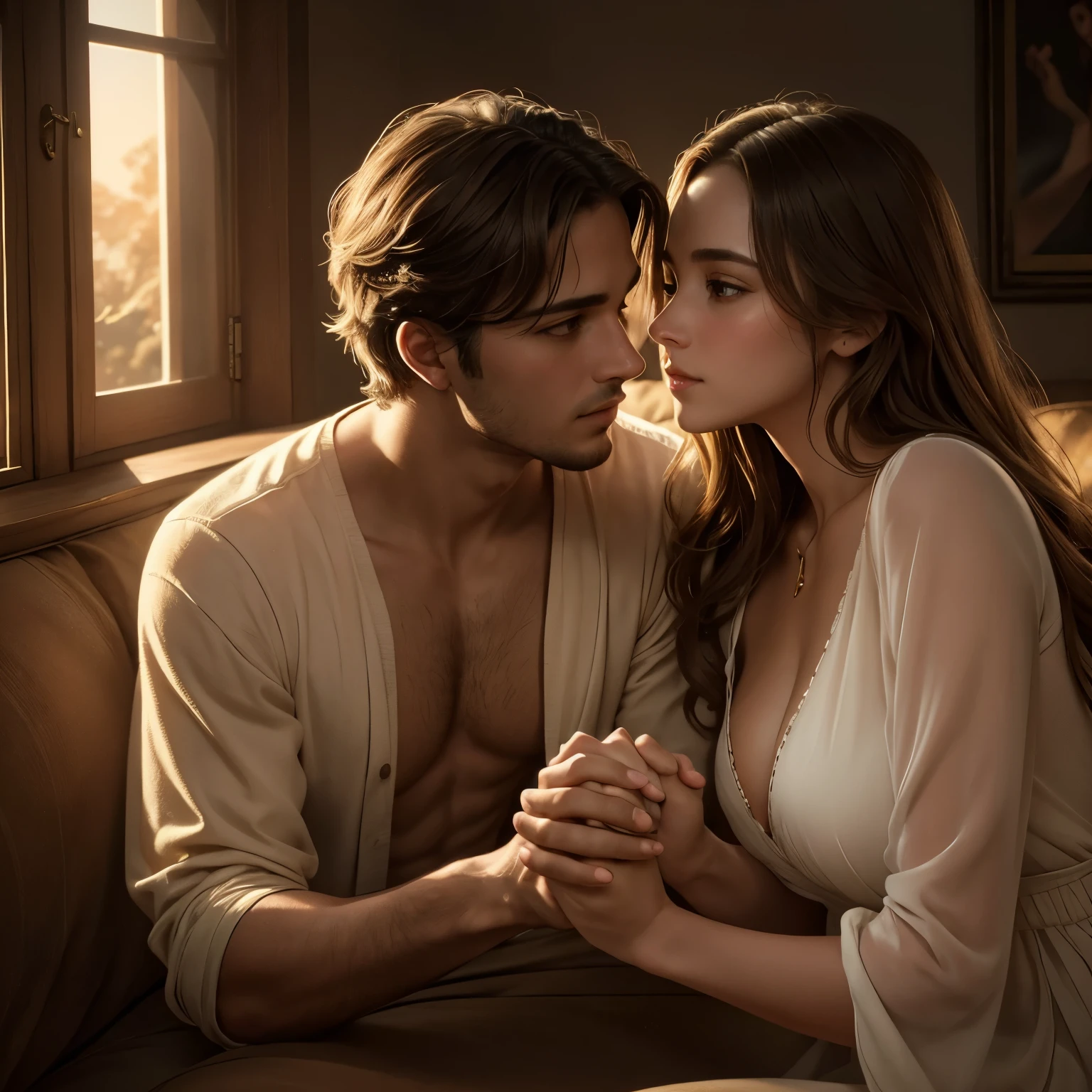 loving man and female couple, romantic holding hands,, beautiful detailed eyes, beautiful detailed lips, extremely detailed face and skin, intimate moment, tender embrace, golden hour lighting, cinematic, highly detailed, 8k, photorealistic, masterpiece, ethereal, warm color palette, chiaroscuro lighting, romantic atmosphere, natural setting, dreamlike, elegant, breathtaking