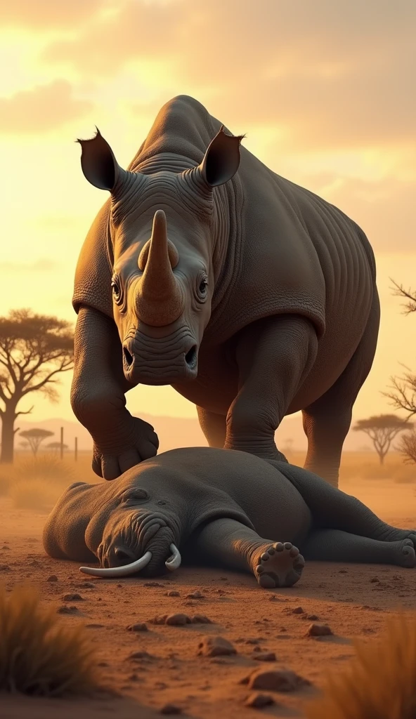 A powerful, massive rhino aggressive stands triumphantly on a dusty African savanna, with one massive paw resting on the lifeless body of an elephant. The rhino's skin is rugged and textured, with hints of battle scars. The elephant lies sprawled on the ground, and stained with dirt, eyes closed in death. The rhino's mouth is open in a fierce roar, showcasing its dominance. The background is a vast, dry African landscape, with sparse vegetation, distant acacia trees, and a golden-orange sunset casting long shadows on the ground