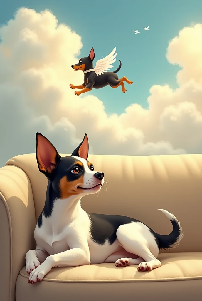 Brazilian terrier dog, offwhite, black and yellow, lying on the sofa, sonhando com um cachorro Pincher black and yellow com asas de anjo, playing in the clouds of the sky .