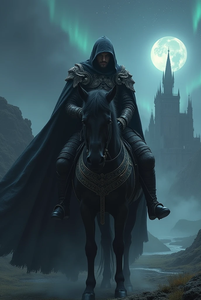 Create an image in dark fantasy style, where is the main character, Tallis Morgen, dressed in black and silver armor with runes, sits astride a black warhorse. His face is partially hidden under a hood., but his piercing light-gray eyes are visible. An ancient one rises in the background, The Gloomy Castle, illuminated by the starry sky and the dim light of the moon. The landscape is surrounded by a light fog, which adds mystery to the scene. The night sky is covered with stars and the northern lights, adding a magical touch to the whole composition. The atmosphere of the image must convey power, the wisdom and mystery of Talis Morgen.