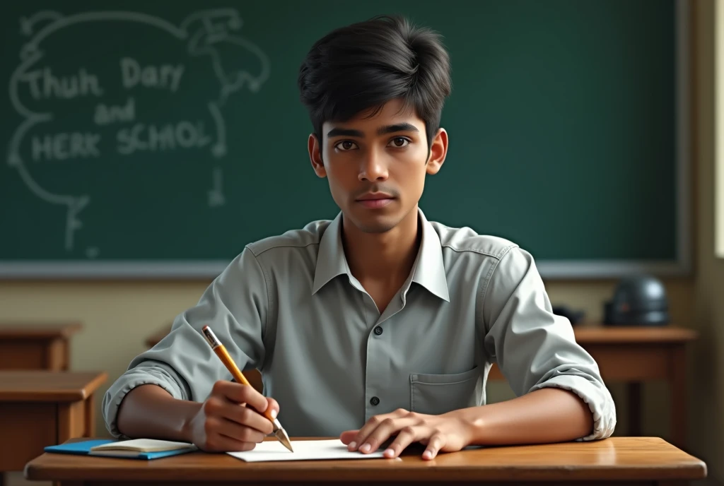 A realistic image of a 20-year-old Indian male student sitting on a school desk. And writing something, looking straight ahead with a thoughtful expression. The setting is a typical classroom with a wooden desk and a chalkboard in the background." Jo ek daam samne dekh raha hai