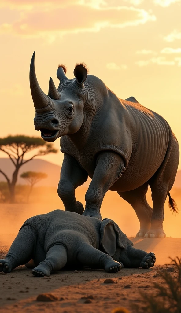  A powerful, massive rhino aggressive stands triumphantly on a dusty African savanna, with one massive paw resting on the lifeless body of an elephant. The rhino's skin is rugged and textured, with hints of battle scars. The elephant lies sprawled on the ground, and stained with dirt, eyes closed in death. The rhino's mouth is open in a fierce roar, showcasing its dominance. The background is a vast, dry African landscape, with sparse vegetation, distant acacia trees, and a golden-orange sunset casting long shadows on the ground