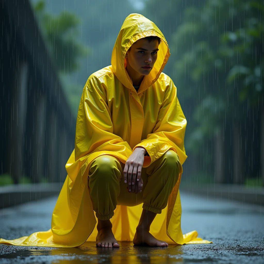 ,Please wear a yellow hooded raincoat,Full body POV,Half kneeling position,barefoot,barefoot,Standing in the heavy rain,Emphasize the texture of a raincoat or gelcoat,Accentuates the translucent texture of the raincoat