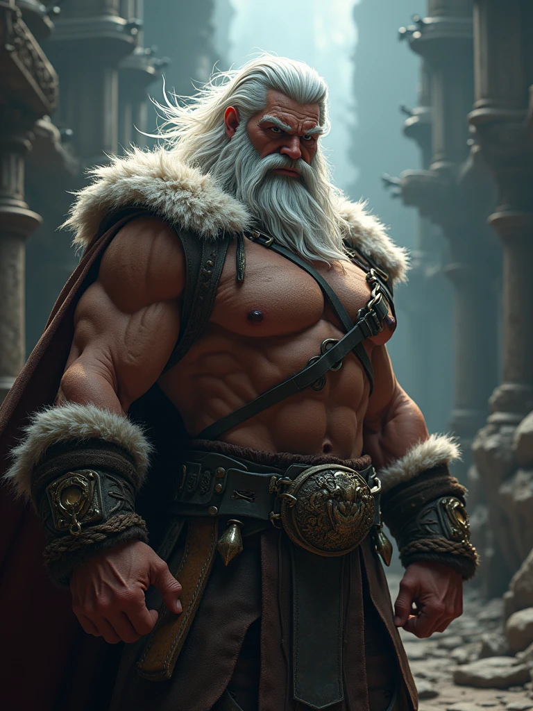 (Professional 3D Rendering:1.3) in the (Realistic:1.3) The most beautiful artwork photos in the world,Features soft and shiny male heroes, ((Epic Hero Fantasy Muscle ManRough Wet Hero Angry Long white Hair full Beard and Ferocious Expression in Dynamic Pose, fantastic location, majestic cluttered environment)), Full body 8K unity rendering, action SHOT, skin pore, Very dark lighting, Heavy shading, Detailed, Detailed face, (Vibrant, photos realistic, Realistic, Dramatic, Dark, Sharp Focus, 8K), (Old leather garments damaged by weathering:1.4), ((((Wear fur)))), (Convoluted:1.4), Decadent, (Highly detailed:1.4), Digital Painting, rendering by octane, art stations, concept-art, Smooth, Sharp Focus, Illustration, Art Germ, (Roisch:0.23), Vlop Ilya Kuvshinov, Gregg Rutkowski and Alphonse Mucha Gracias, (Global Illumination, studio lights, volumettic light), Heavy rain, particles floating, lotr, Fantasy, elf, full body Esbian, ((Dark ancient city background:1.3)),CG Sessa,art stations