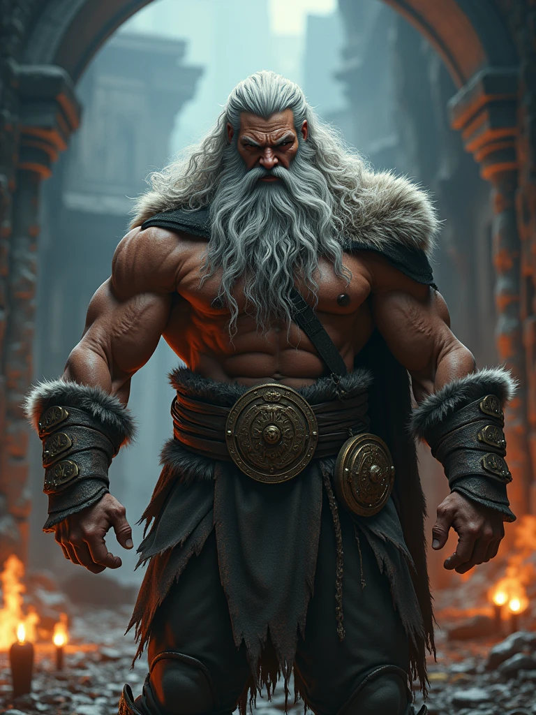 (Professional 3D Rendering:1.3) in the (Realistic:1.3) The most beautiful artwork photos in the world，Features soft and shiny male heroes, ((Epic Hero Fantasy Muscle ManRough Wet Hero Angry Long white Hair full Beard and Ferocious Expression in Dynamic Pose, fantastic location, majestic cluttered environment)), Full body 8K unity rendering, action SHOT, skin pore, Very dark lighting, Heavy shading, Detailed, Detailed face, (Vibrant, photos realistic, Realistic, Dramatic, Dark, Sharp Focus, 8K), (Old leather garments damaged by weathering:1.4), ((((Wear fur)))), (Convoluted:1.4), Decadent, (Highly detailed:1.4), Digital Painting, rendering by octane, art  stations, concept-art, Smooth, Sharp Focus, Illustration, Art Germ, (Roisch:0.23), Vlop Ilya Kuvshinov, Gregg Rutkowski and Alphonse Mucha Gracias, (Global Illumination, studio lights, volumettic light), Heavy rain, particles floating, lotr, Fantasy, elf, full body Esbian, ((Dark ancient city background:1.3)),CG Sessa,art  stations