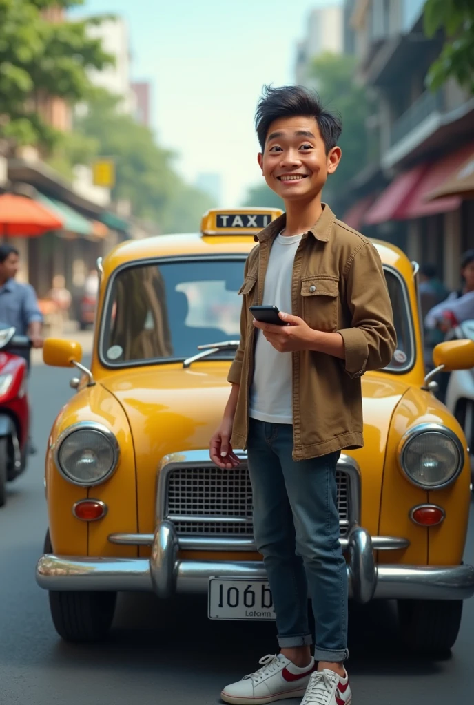 A Thai man in front of a taxi holding a mobile phone and smiling
