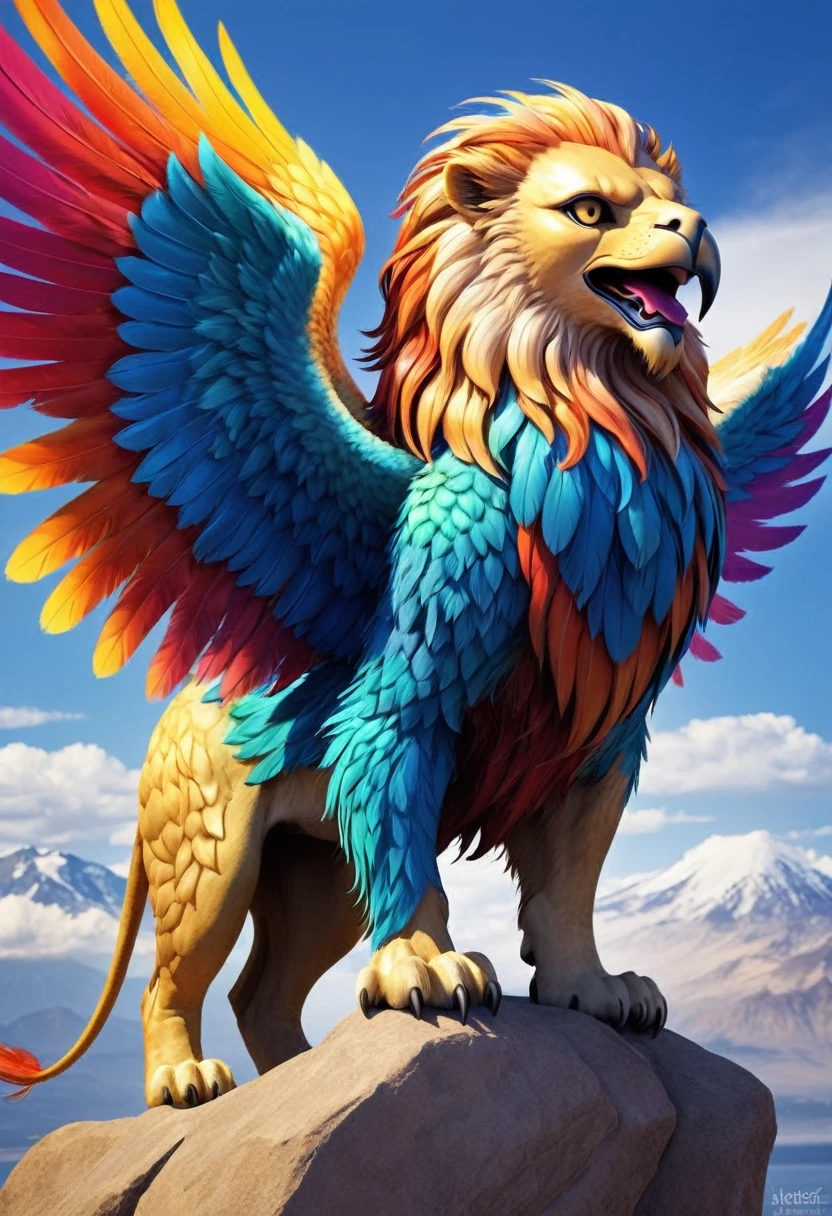 Griffin, a creature from Greek mythology, a hybrid creature made of a lion with the head missing and an eagle's head attached, and with the body of a lion and the wings of an eagle, or a hybrid made of a lion's body with the neck and wings of an eagle. It is colorful and cute.