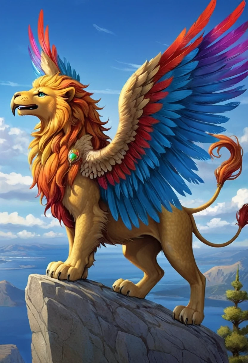 Griffin, a creature from Greek mythology, a hybrid creature made of a lion with the head missing and an eagle's head attached, and with the body of a lion and the wings of an eagle, or a hybrid made of a lion's body with the neck and wings of an eagle. It is colorful and cute.