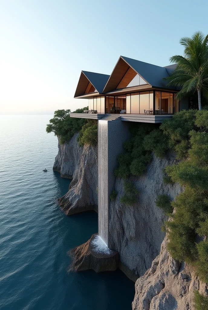show me some pictures but with these set up imagination.

The house is more like taking place in a west Philippine sea but the house was placed on a cliff. The client who wants the house is a Geometric lawyer. Geometric means shape and the client wants to take advantage of the view of west Philippine sea and vistas which means far views. Then try to think of putting triangle roofs parag to serve slope for rainwater, to create artifical water fall and make the concept of design leverage just like archimedes.