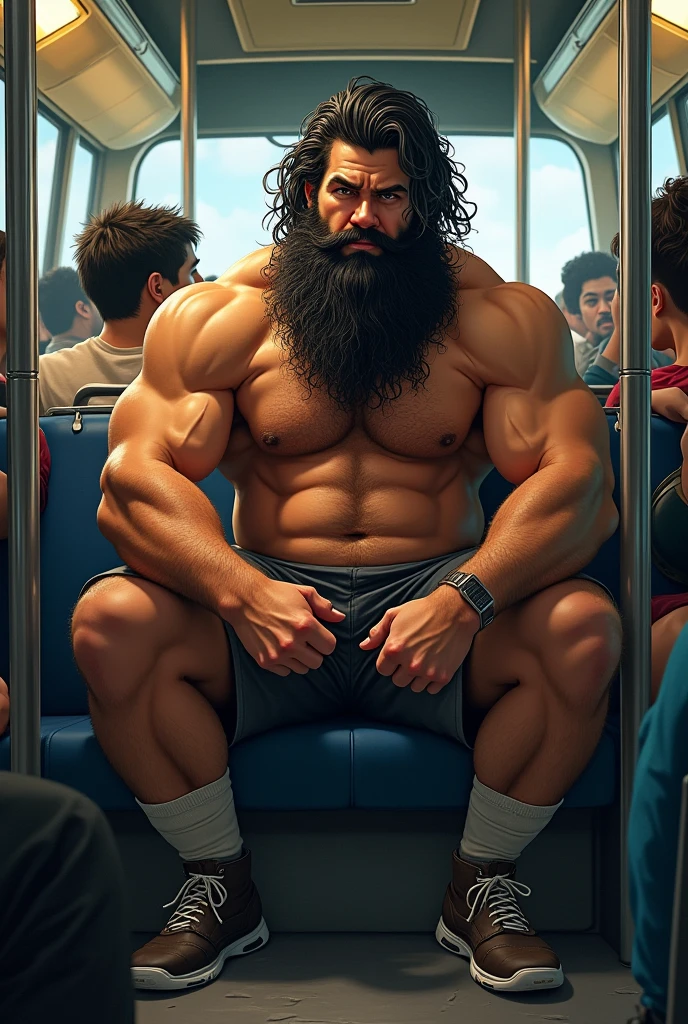 Strong, hairy, bearded young Puerto Rican man sitting on the seat of a city bus, slapping his thigh, looking at his thigh.