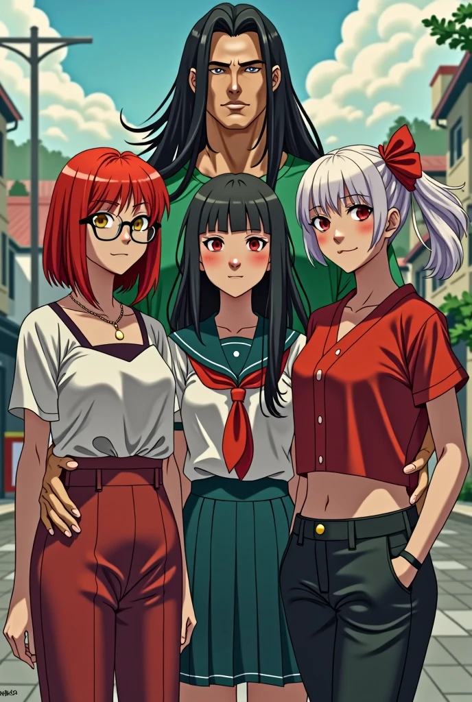 Une fille rousse au cheveux court avec des habille vintage et une fille avec des cheveux long noir qui porte une ténue d'écolier japonais et une fille au cheuveux rouge mi long habillé comme une emo et une fille avec les cheveux blanc habillé avec du streewear qui entoure un grand homme en t shirt vert jean noir musclé et a des cheveux long jusqu'au torse 