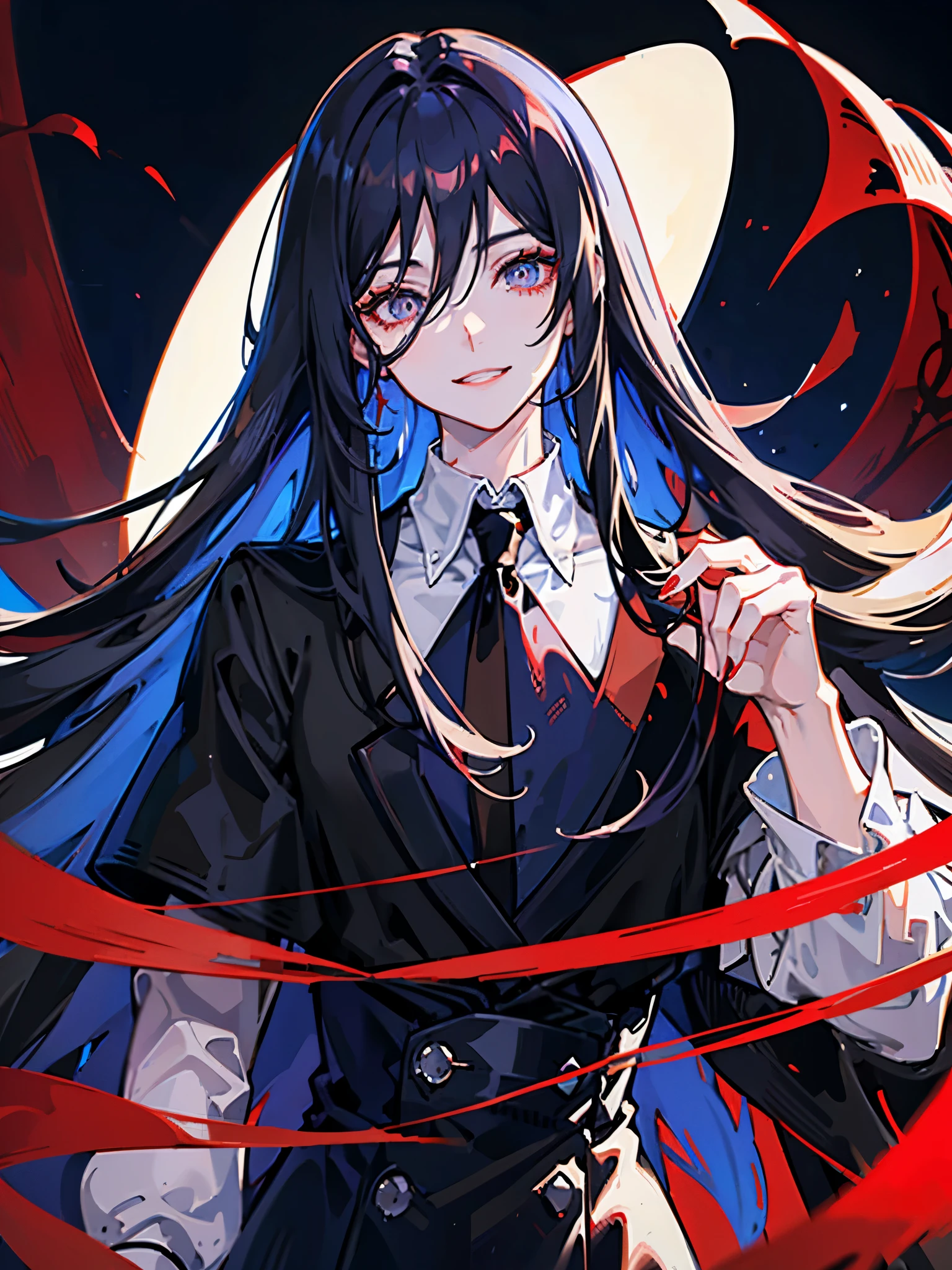 Anime boy, crimson eyes, detailed eyes, long eyelashes, dark blue hair; long flowy hair, shoulder-length hair, red sunglasses with black lenses, soft smile, smiling with teeth, black suit, white collared shirt, black tie, relaxed, gradient background