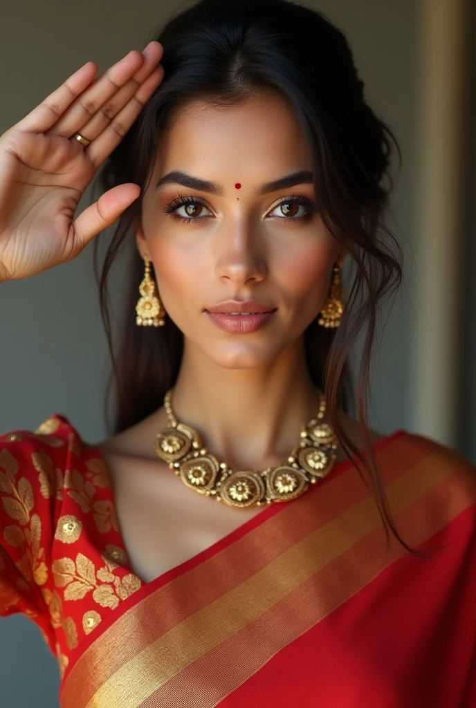 The uniformed indian woman salutes the camera, Extremely beautiful face, Beautiful girl model, Very beautiful face, beautiful delicate face, sharp beautiful face, Attractive beautiful face, gorgeous attractive face, cute delicate face, Beautiful model girl, Beautiful realistic face, gorgeous face portrait, ultra beautiful face, Detailed beautiful face, Beautiful female model, Realistic beautiful face wearing saree.