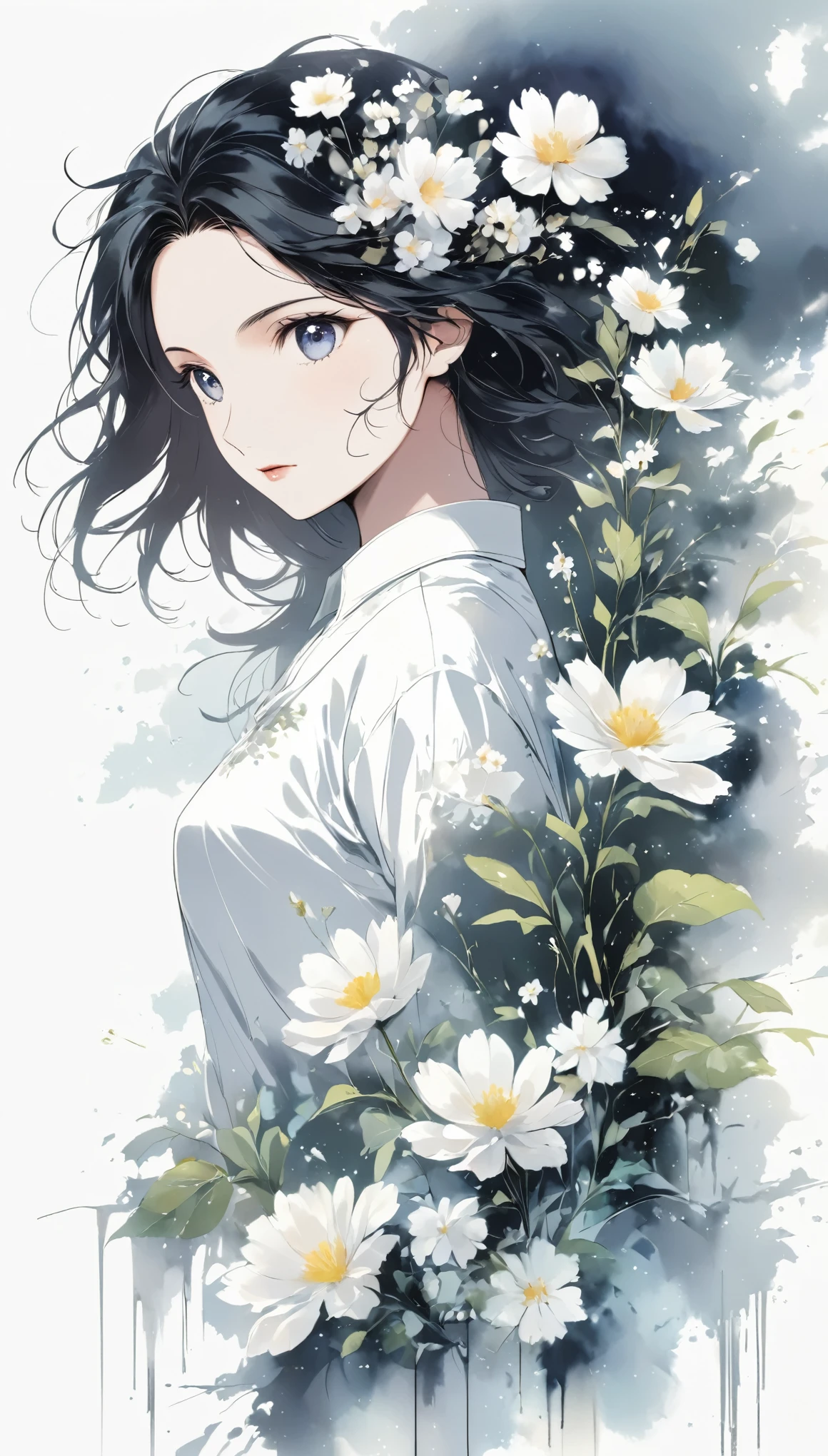 Beautiful young woman with delicate Oriental features (Anime line drawing:1.5)，(black and white painting:1.45)，minimalism，(line art:1.6)，outline，Charcoal drawing，mask，flowers, with paint splattering around with paint dripping down the bottom, innovative enhanced artwork rich in detail