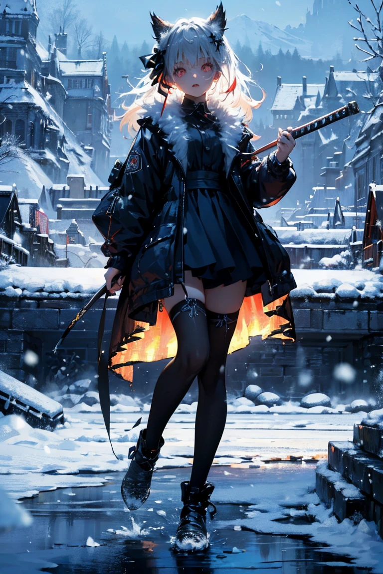 uhd, textured skin, good quality, High details, masterpiece, best quality, high detail face, (Amazingly absurd:1.2), (masterpiece:1.2), fluffy, 1 Girl, Dragon ears, Dress with ruffles, glowing eyes, shining hair , Whole body love, very long hair, hair ribbon, black kneesocks, full body, Kawaiitech, soft colours, Kawaii, Beautiful colors, (Snow:1.5), (Wet:1), (Night:2), (Landscape:2), battojutsus, (holding Katana:1),