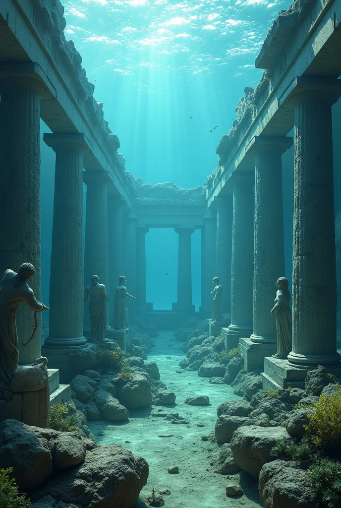 3D view, Atlantis, underwater world, broken ancient Greek temple, broken statues of Greek gods