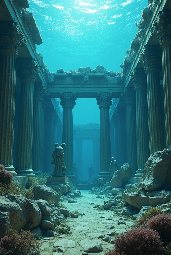 3D view, Atlantis, underwater world, broken ancient Greek temple, broken statues of Greek gods