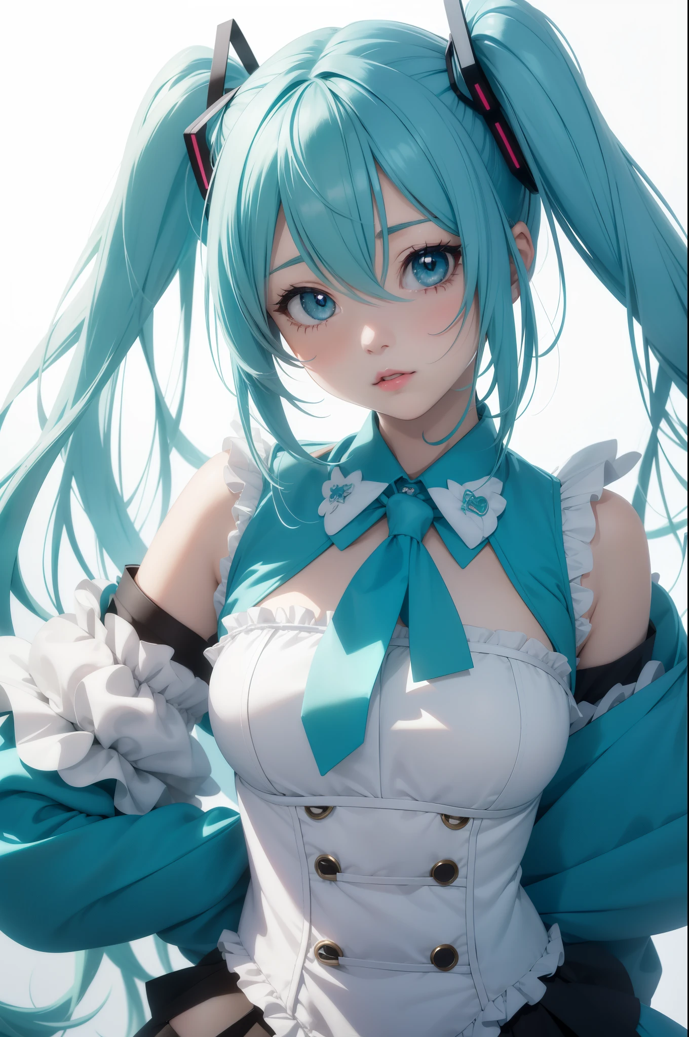 miku hatsune、absurderes、hight resolution、ultra-detailliert、Bust-up shot、(1girl in:1.3)、portrait shooting、with a pure white background、Beautiful hair with soft transparency、Cute big eyes with little power、Attractive mouth、makeups、Striking red lips、Dramatic Lighting、Although she is a little provocative、He looks at me with a very soft smile.Highly detailed Hatsune Miku costumes